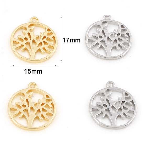 Image de Breloques en Laiton Rond Plaqué Or Véritable Arbre de Vie 17mm x 15mm, 2 Pcs