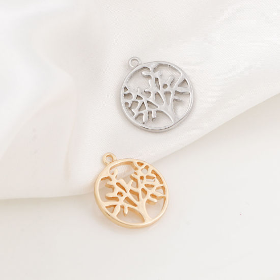 Image de Breloques en Laiton Rond Plaqué Or Véritable Arbre de Vie 17mm x 15mm, 2 Pcs