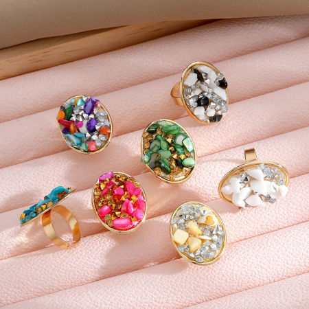 Boho Chic Bohemia Open Rings Gold Plated Multicolor Gravels Chips Oval