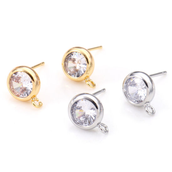 Picture of Brass Ear Post Stud Earrings Real Gold Plated Round With Loop Clear Cubic Zirconia 11mm x 8mm