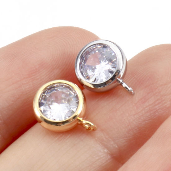 Picture of Brass Ear Post Stud Earrings Real Gold Plated Round With Loop Clear Cubic Zirconia 11mm x 8mm