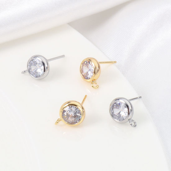 Picture of Brass Ear Post Stud Earrings Real Gold Plated Round With Loop Clear Cubic Zirconia 11mm x 8mm