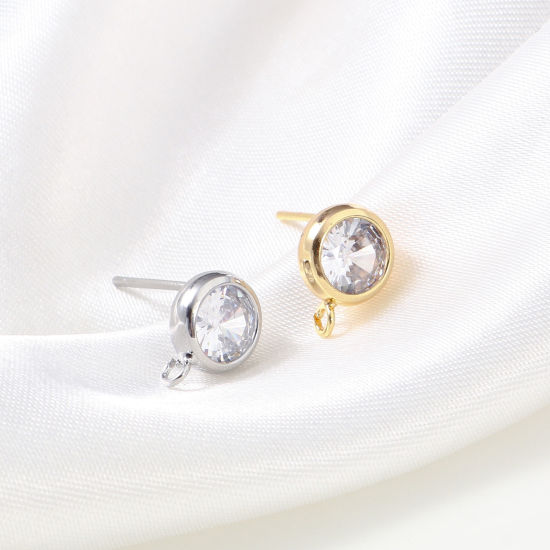 Picture of Brass Ear Post Stud Earrings Real Gold Plated Round With Loop Clear Cubic Zirconia 11mm x 8mm