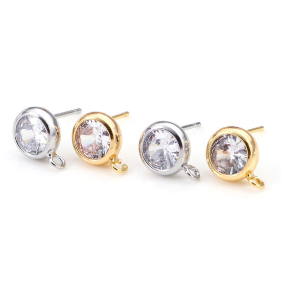 Picture of Brass Ear Post Stud Earrings Real Gold Plated Round With Loop Clear Cubic Zirconia 11mm x 8mm