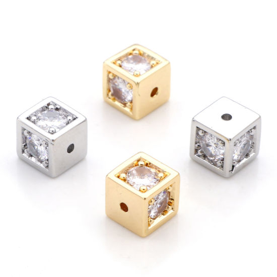 Immagine di Ottone & Zircone Cubico Perline per la Creazione di Gioielli con Ciondoli Fai-da-te Vero Oro Placcato Trasparente Cubo Circa 7mmx 7mm, 2 Pz