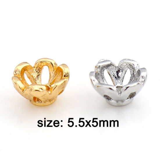 Bild von Messing Perlkappen Blumen Echtgold plattiert Hohl 5,5mm x 5mm, 10 Stück