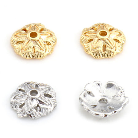 Brass Beads Caps Flower Real Gold Plated Hollow 7.5mm x 7.5mm