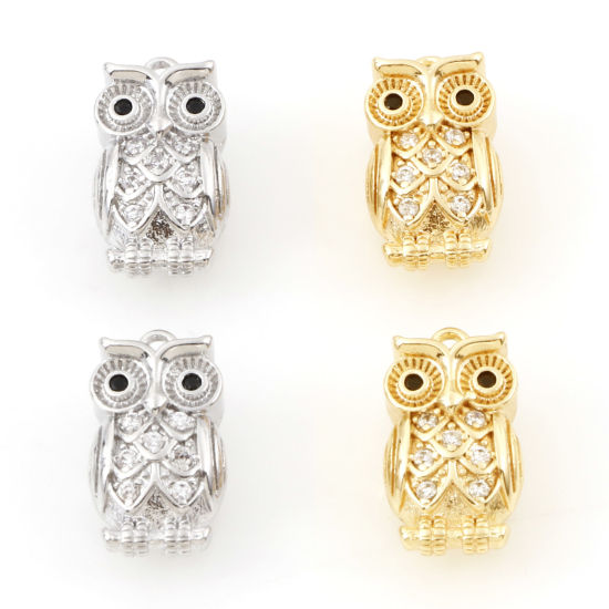 Immagine di Ottone Halloween Charms Gufo Vero Oro Placcato Cuore Micro Spianare Trasparente & Nero Cubic Zirconiae 15.5mm x 8.5mm, 1 Pz