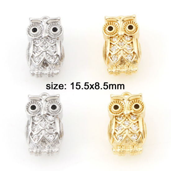 Immagine di Ottone Halloween Charms Gufo Vero Oro Placcato Cuore Micro Spianare Trasparente & Nero Cubic Zirconiae 15.5mm x 8.5mm, 1 Pz