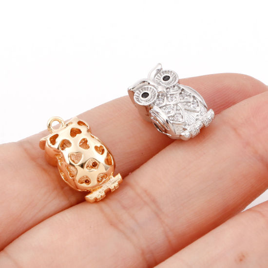 Immagine di Ottone Halloween Charms Gufo Vero Oro Placcato Cuore Micro Spianare Trasparente & Nero Cubic Zirconiae 15.5mm x 8.5mm, 1 Pz