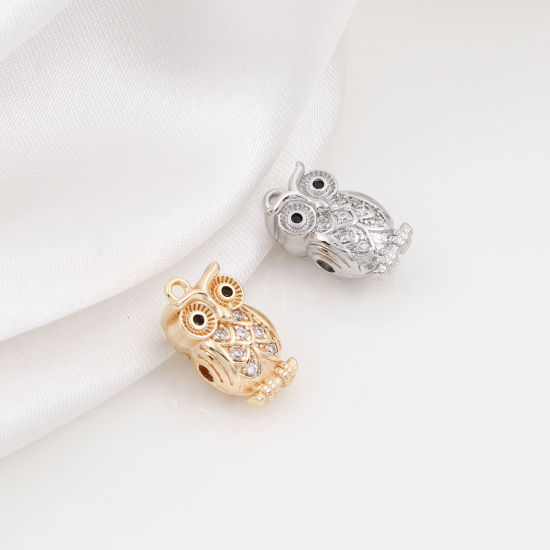 Immagine di Ottone Halloween Charms Gufo Vero Oro Placcato Cuore Micro Spianare Trasparente & Nero Cubic Zirconiae 15.5mm x 8.5mm, 1 Pz