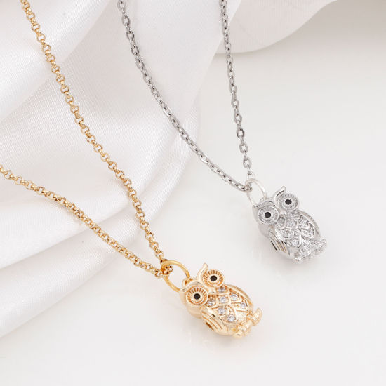 Immagine di Ottone Halloween Charms Gufo Vero Oro Placcato Cuore Micro Spianare Trasparente & Nero Cubic Zirconiae 15.5mm x 8.5mm, 1 Pz