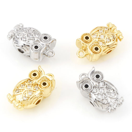 Immagine di Ottone Halloween Charms Gufo Vero Oro Placcato Cuore Micro Spianare Trasparente & Nero Cubic Zirconiae 15.5mm x 8.5mm, 1 Pz