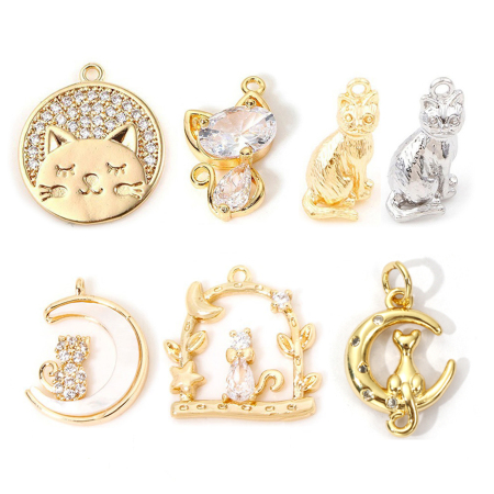 Ottone Charms Gatto Vero Oro Placcato 3D 15mm x 9mm, 2 Pz