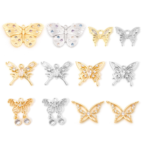 Immagine di Ottone Insetto Charms Farfalla Vero Oro Placcato Micro Spianare Multicolore Strass 22mm x 14.5mm, 1 Pz