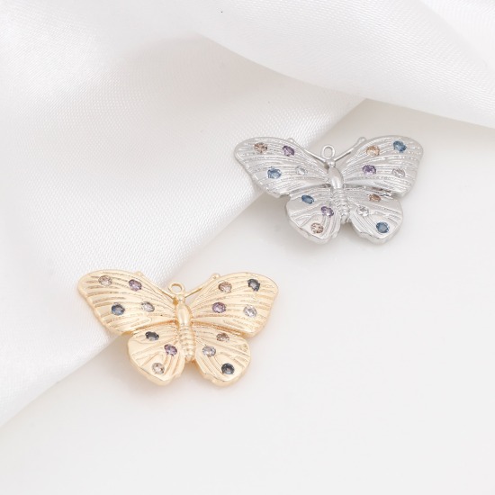 Immagine di Ottone Insetto Charms Farfalla Vero Oro Placcato Micro Spianare Multicolore Strass 22mm x 14.5mm, 1 Pz