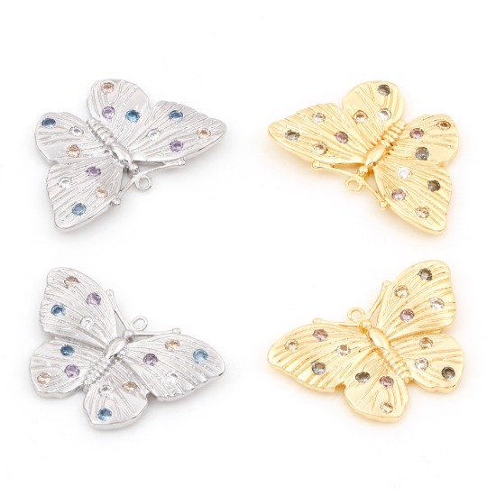 Immagine di Ottone Insetto Charms Farfalla Vero Oro Placcato Micro Spianare Multicolore Strass 22mm x 14.5mm, 1 Pz