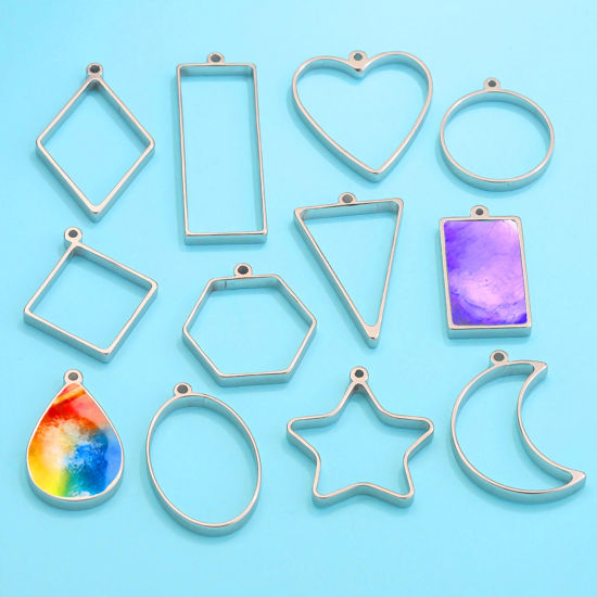 Bild von Umweltfreundlich 304 Edelstahl Offene Lünette Anhänger für Harz Geometrie Silberfarbe 3 Stück