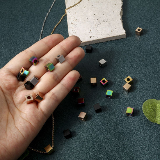 Picture of Eco-friendly Vacuum Plating 304 Stainless Steel Beads For DIY Jewelry Making Cube Multicolor 6mm x 6mm