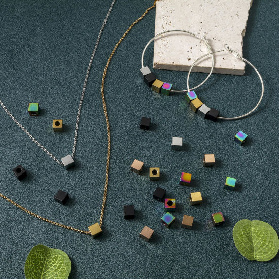 Picture of Eco-friendly Vacuum Plating 304 Stainless Steel Beads For DIY Jewelry Making Cube Multicolor 6mm x 6mm