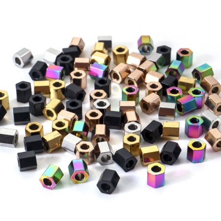 Picture of Eco-friendly Vacuum Plating 304 Stainless Steel Beads For DIY Jewelry Making Hexagonal Prism Multicolor 4mm x 4mm