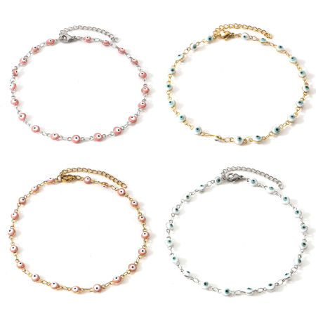 Picture of 1 Piece Vacuum Plating 304 Stainless Steel Religious Link Chain Anklet Enamel Evil Eye