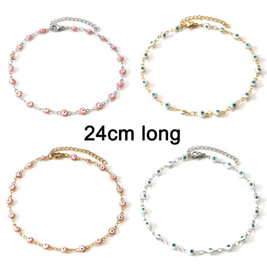 Picture of 1 Piece Vacuum Plating 304 Stainless Steel Religious Link Chain Anklet Enamel Evil Eye