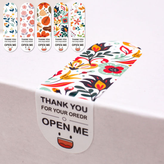 Bild von Kunstpapier Zugeklebte Etikette Bunt Rechteck Blumen Message " THANK YOU " 7cm x 2cm, 1 Packung ( 100 Stück/Packung)