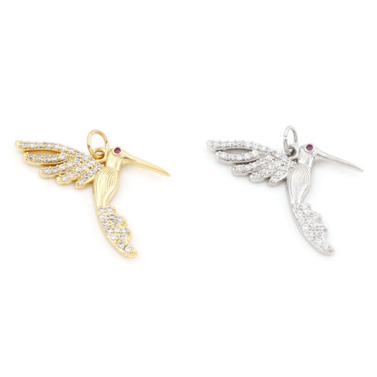 Immagine di Ottone Micro Intarsio Charms Multicolore Colibrì Trasparente & Rosso Cubic Zirconiae 26mm x 25mm, 1 Pz