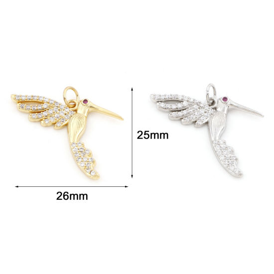 Immagine di Ottone Micro Intarsio Charms Multicolore Colibrì Trasparente & Rosso Cubic Zirconiae 26mm x 25mm, 1 Pz