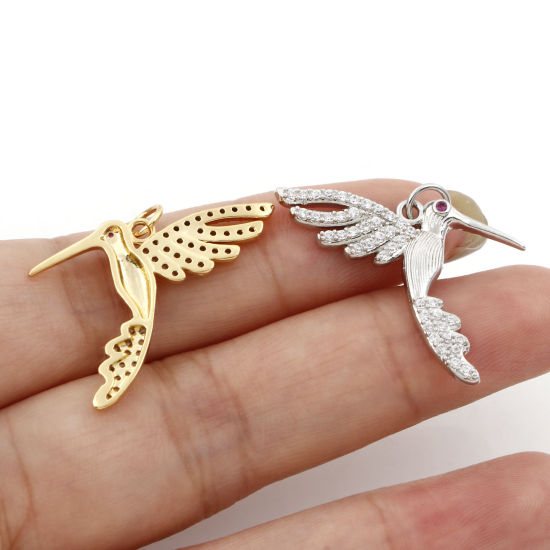 Immagine di Ottone Micro Intarsio Charms Multicolore Colibrì Trasparente & Rosso Cubic Zirconiae 26mm x 25mm, 1 Pz