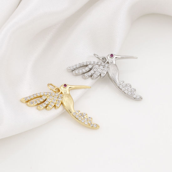 Immagine di Ottone Micro Intarsio Charms Multicolore Colibrì Trasparente & Rosso Cubic Zirconiae 26mm x 25mm, 1 Pz