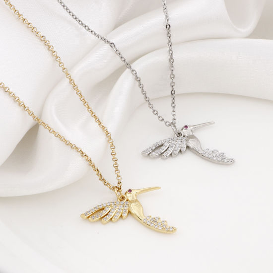 Immagine di Ottone Micro Intarsio Charms Multicolore Colibrì Trasparente & Rosso Cubic Zirconiae 26mm x 25mm, 1 Pz