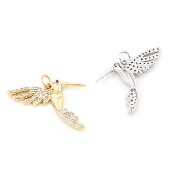 Immagine di Ottone Micro Intarsio Charms Multicolore Colibrì Trasparente & Rosso Cubic Zirconiae 26mm x 25mm, 1 Pz