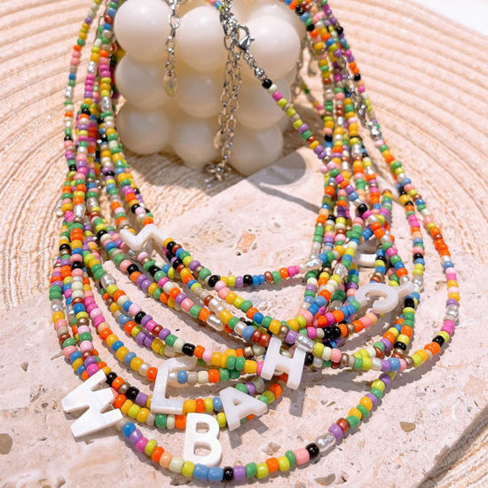 Picture of Acrylic Boho Chic Bohemia Beaded Necklace Multicolor Initial Alphabet/ Capital Letter Message " A-Z " Imitation Shell
