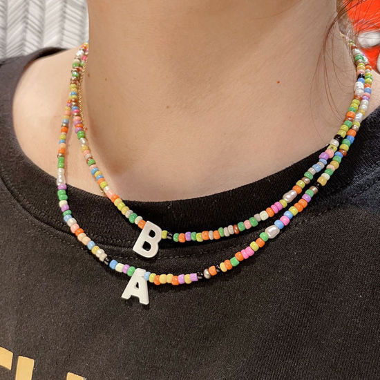 Picture of Acrylic Boho Chic Bohemia Beaded Necklace Multicolor Initial Alphabet/ Capital Letter Message " A-Z " Imitation Shell