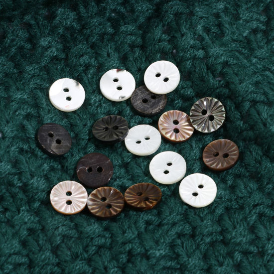 天然 貝殻 シェル 縫製ボタン 円形 多色 花 2つ穴 11mm 直径、 5 個 の画像