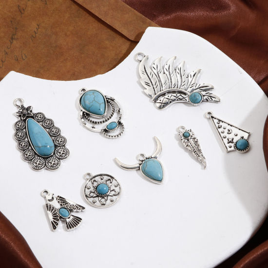 Picture of Zinc Based Alloy Boho Chic Bohemia Pendants Antique Silver Color Imitation Turquoise