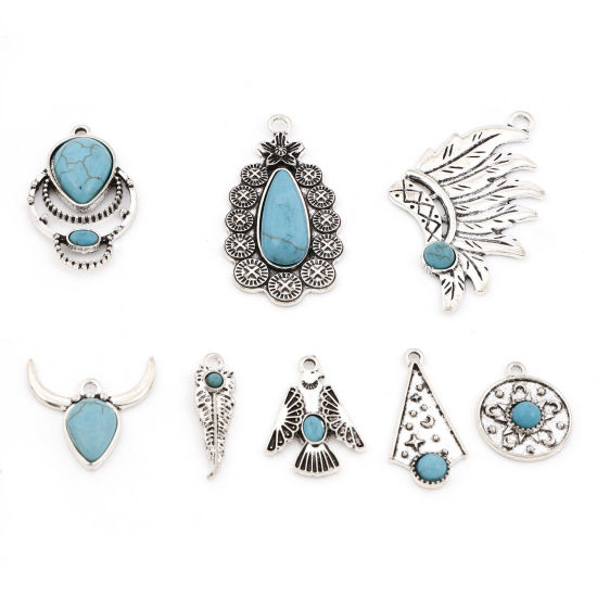 Picture of Zinc Based Alloy Boho Chic Bohemia Pendants Antique Silver Color Imitation Turquoise