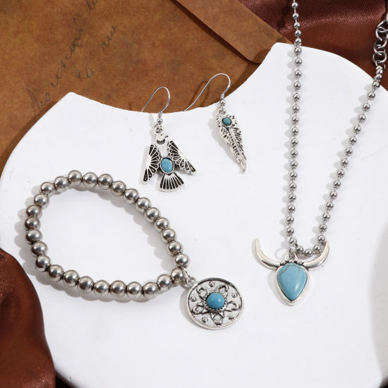 Picture of Zinc Based Alloy Boho Chic Bohemia Pendants Antique Silver Color Imitation Turquoise