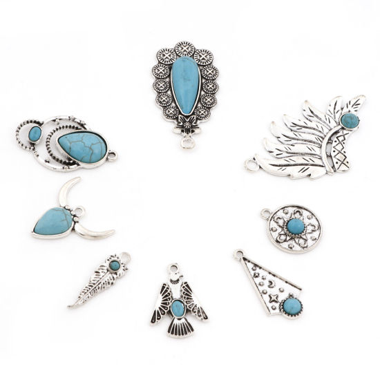 Picture of Zinc Based Alloy Boho Chic Bohemia Pendants Antique Silver Color Imitation Turquoise