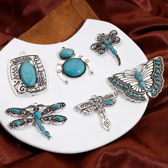 Immagine di Lega di Zinco Stile Bohemien Ciondoli Argento Antico Turchese Imitato 2 Pz
