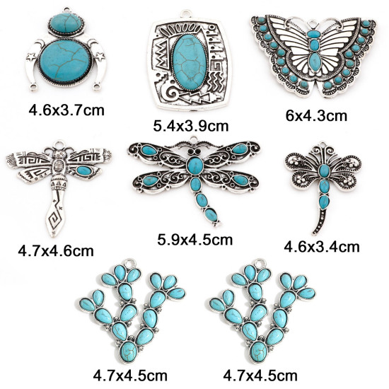 Immagine di Lega di Zinco Stile Bohemien Ciondoli Argento Antico Turchese Imitato 2 Pz
