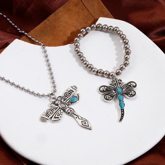 Immagine di Lega di Zinco Stile Bohemien Ciondoli Argento Antico Turchese Imitato 2 Pz
