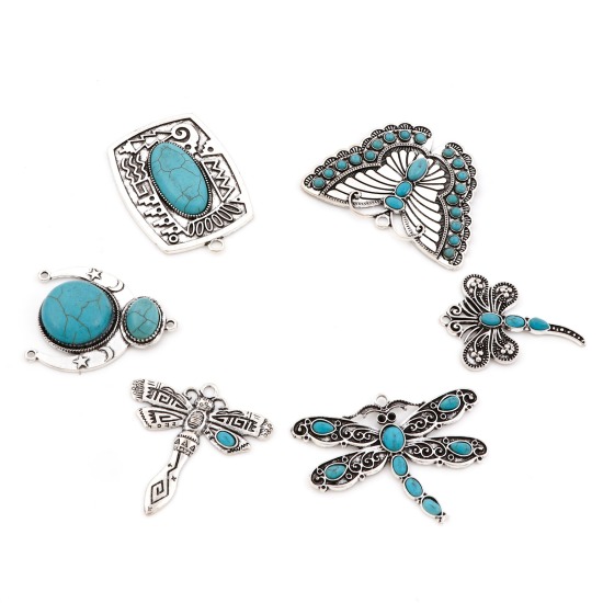 Immagine di Lega di Zinco Stile Bohemien Ciondoli Argento Antico Turchese Imitato 2 Pz