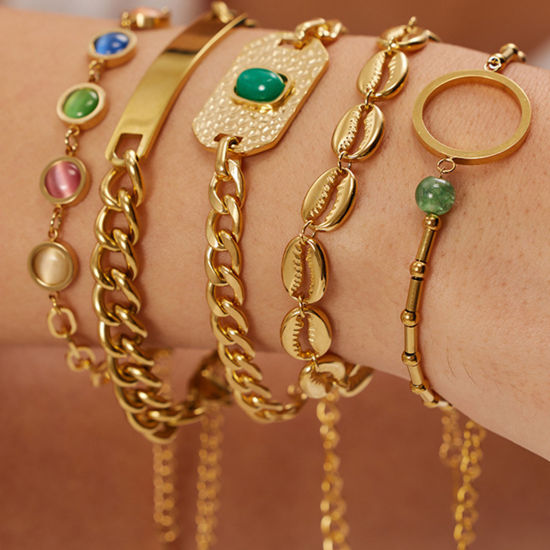 Immagine di Placcatura Sottovuoto Ecologica Semplice & Casual Elegante 18K Vero Oro Placcato 304 Acciaio Inossidabile Catena a Maglia Cubana Tondo Ovale Braccialetti Per Donne 1 Pz