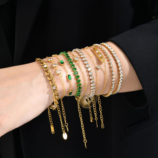 Picture of Eco-friendly Vacuum Plating Simple & Casual Exquisite 18K Real Gold Plated 304 Stainless Steel & Cubic Zirconia Link Chain Bracelets For Women Party