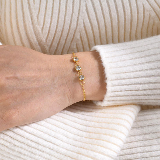 Picture of Eco-friendly Vacuum Plating Simple & Casual Exquisite 18K Real Gold Plated 304 Stainless Steel & Cubic Zirconia Link Chain Bracelets For Women Party