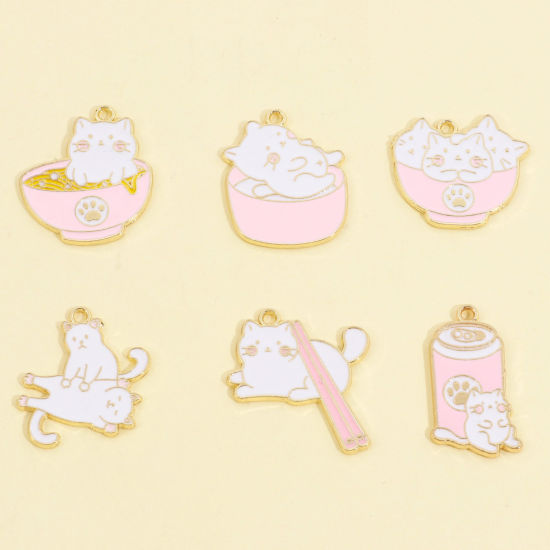 Image de Pendentifs en Alliage de Zinc Chat Or Clair Blanc & Rose Clair Émail 5 Pcs