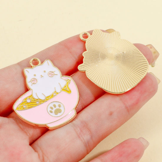 Image de Pendentifs en Alliage de Zinc Chat Or Clair Blanc & Rose Clair Émail 5 Pcs